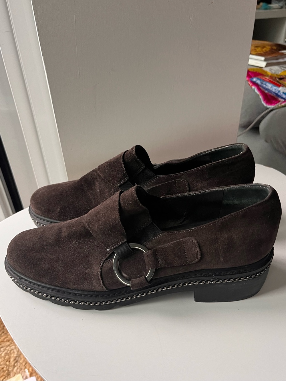 Dark Chocolate Suede Slip-On Loafers with Metallic Ring Accent